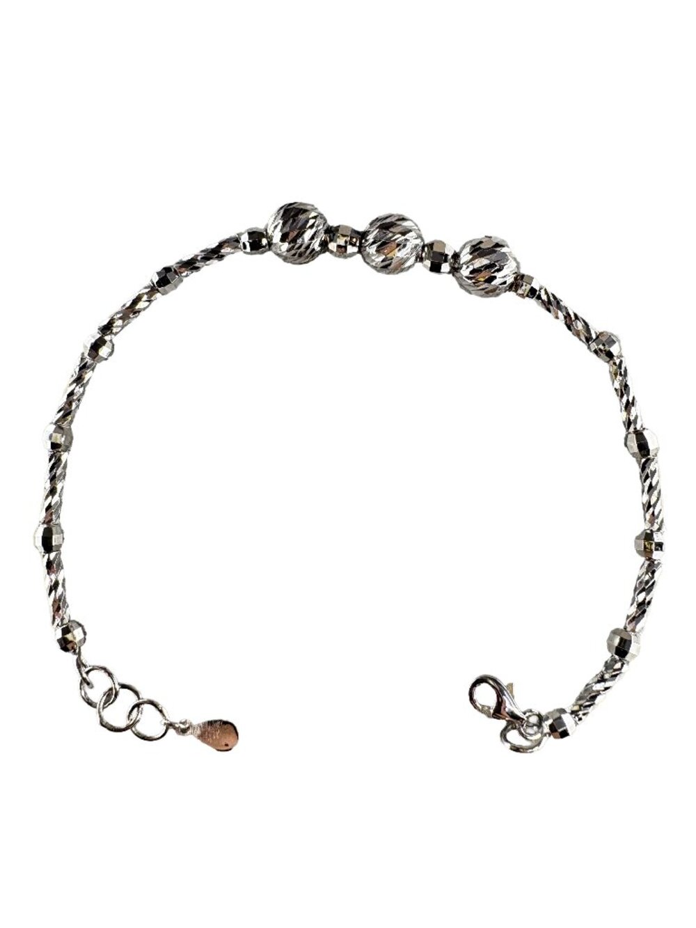 Solid 925 Sterling Silver Diamond-Cut Bead Station Bracelet - 58mm I. D. 6.79g